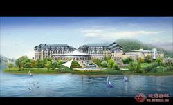 湖畔星级渡假酒店建筑及滨水带景观绿化方案效果图PSD源文件